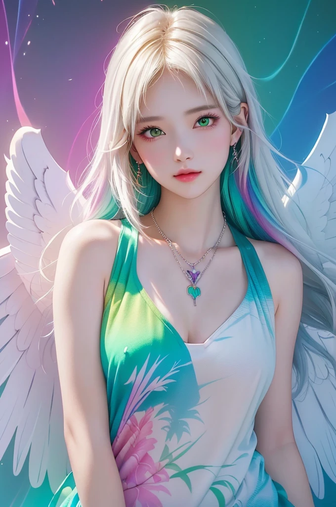 a girl with wings and a rainbow necklace, artgerm colorful!!!, art wallpaper 4 k, realistic art wallpaper 8 k, RAW photo, extremely detailed artgerm, artgerm and rossdraws, artgerm on artstation pixiv, rainbow wings, detailed digital art, whitish hair with highlights, long messy hair, green eyes,