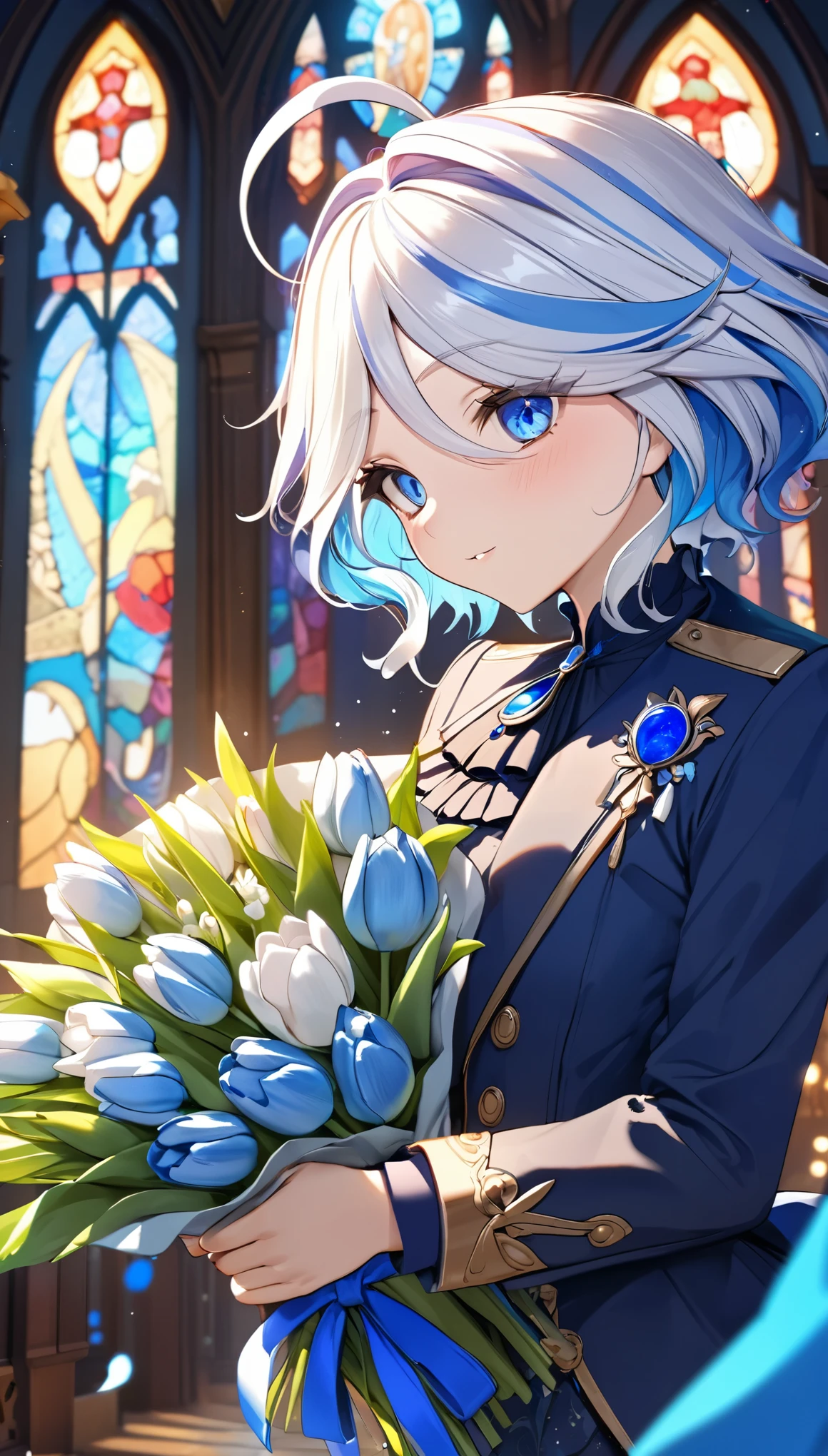 (8k, Highest quality, masterpiece: 1.2), (amime: 1.37), Very detailed, Close-up, (Genshin Furina holding a bouquet of tulips:1.2),, , , Small faint lights, night, , Intricate details, Splash screen, Gorgeous church, Stained glass