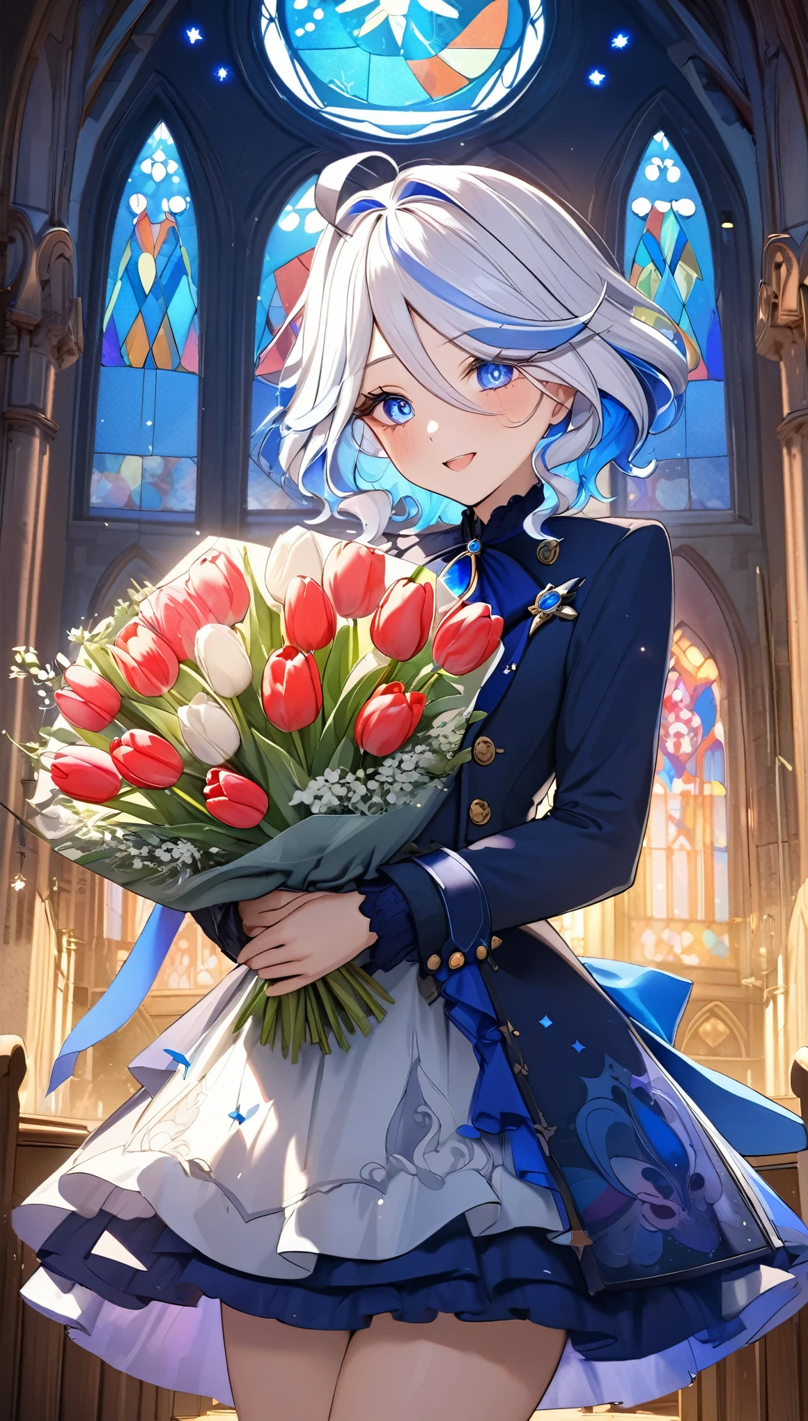 (8k, Highest quality, masterpiece: 1.2), (amime: 1.37), Very detailed, Close-up, (Genshin Furina holding a bouquet of tulips:1.2),, , , Small faint lights, night, , Intricate details, Splash screen, Gorgeous church, Stained glass