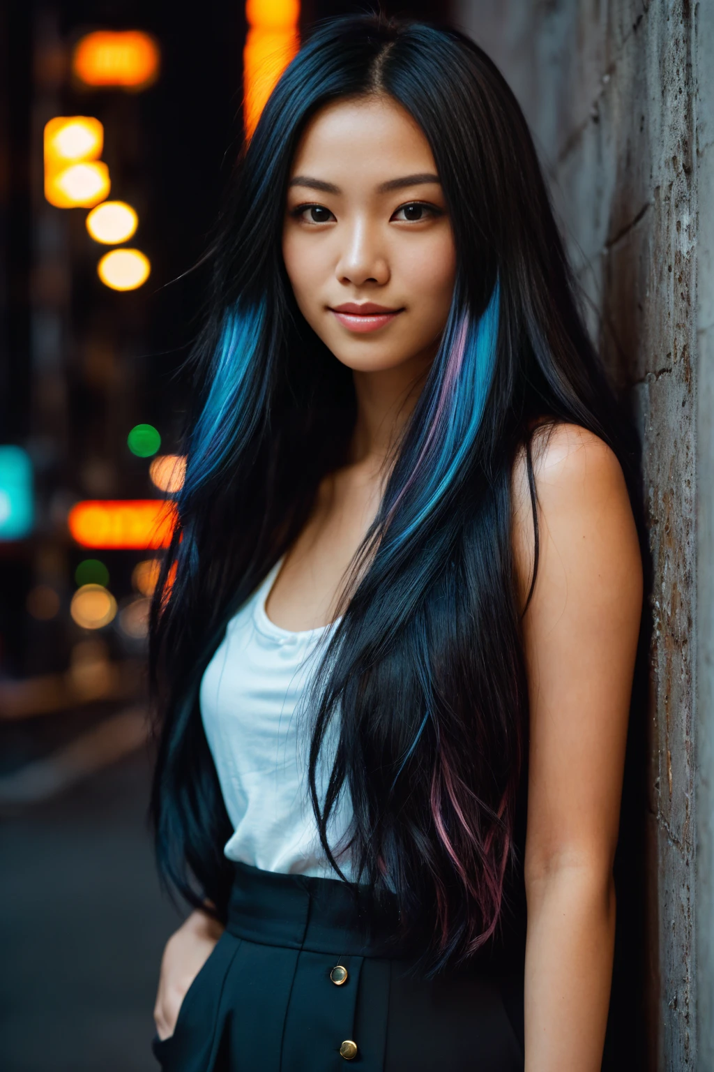 arafed woman with black hair , flowing pink hair, with black hair with blue highlights, photo of a beautiful woman, long flowing black hair, pink golden hour, curly black hair, beautiful young asian woman, beautiful asian woman, wild ginger hair, pink wispy hair, light black hair, a young asian woman, an asian woman, infp young woman, Portrait photo of a 24-year-old french girl in RAW UHD format (Black-eyed woman) Walk down the dark alley, night city, Details (textures! , Hair! , glistering, Color!! , imperfections: 1.1), highly detailed glossy eyes (looking at the camera), DSLR Lighting, SLR camera, Ultra-Quality, sharpness, Depth of field, Film grain (Downtown), Fujifilm XT3, Crystal clear, Frame Center, beatiful face, sharp-focus, neon lighting, bokeh (lit), day time, (open sky), detailed skin pores, oilly skin, suntan, Complex eye details, new york city, smiling, ((orange prison suit))