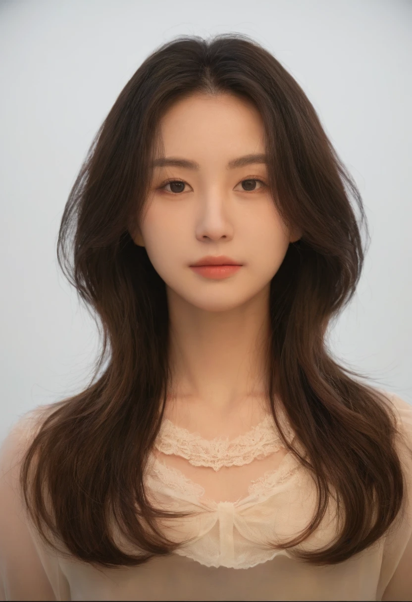 Best Quality, 8k, Masterpiece, (Portrait: 1.3), (photo realistic:1.4), (hyper realistic:1.4), Sharp Focus, looking at viewer, (smoother lighting:1.1), (increase cinematic lighting quality:0.9), realistic lighting, backlighting, light on face, ray trace, (brightening light:1.2), (Increase quality:1.4), sharp detail, (best quality real texture skin:1.4), finely detailed eyes, black_eyes, finely detailed face, 25 year old Korean woman, (white formal_shirt:1.4), (Create an image maintaining the original base model hairstyle:1.5)