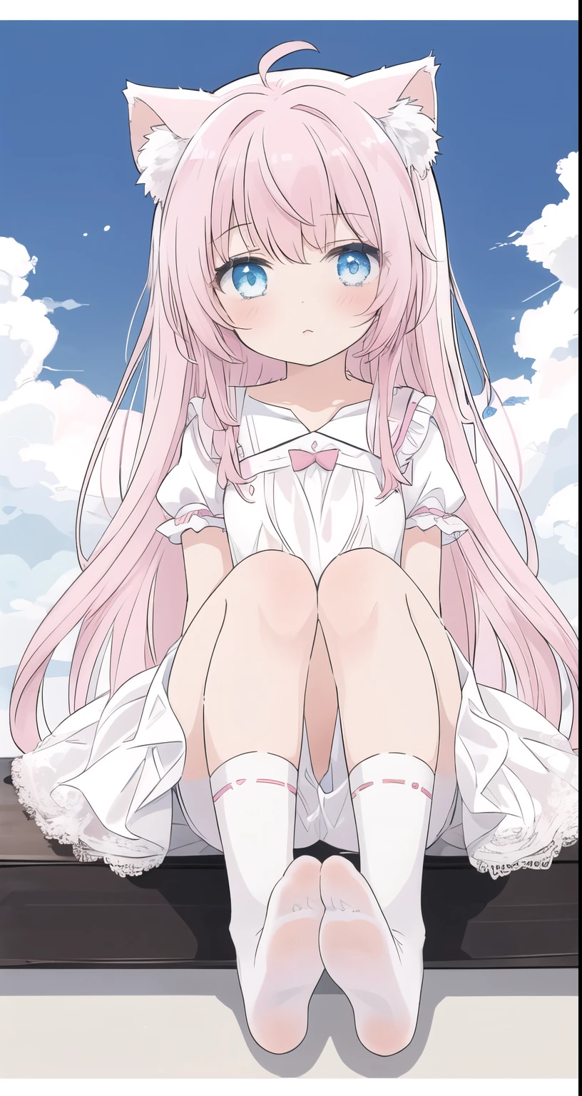 masterpiece, best quality,In the sky,A girl,Pink Hair,Long hair,blue eyes,White Dress,White socks,roof，Cat ear，Lace，White fluffy shorts