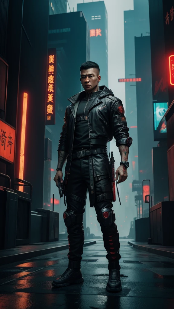 The city of cyberpunk,Chinese male full body front,Background text is clear,No background blur allowed.,High background brightness,Hold a long knife in your hand,Hands covered in blood,in a panoramic view,