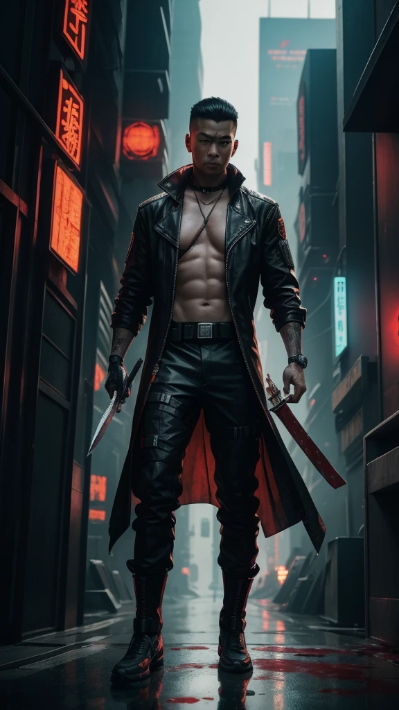 The city of cyberpunk,Chinese male full body front,Background text is clear,No background blur allowed.,High background brightness,Hold a long knife in your hand,Hands covered in blood,in a panoramic view,