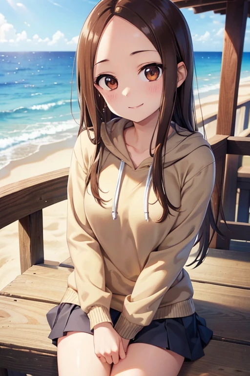 Takagi-san、Shiny brown hair, Straight Long Hair,((Medium chest、Forehead、Center part))、 Beautiful brown eyes、smile、Sparkling eyes, (fine grain)、Very fine eye、Highly detailed face, Highly detailed eyes, Cowboy Shot、


Angelic, Super detailed, 8k, masterpiece, One beautiful woman,  hoodie, mature, Beautiful legs, Ocean, At the Beach, Shimizu, noon, nature, bright