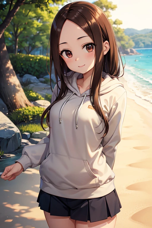 Takagi-san、Shiny brown hair, Straight Long Hair,((Medium chest、Forehead、Center part))、 Beautiful brown eyes、smile、Sparkling eyes, (fine grain)、Very fine eye、Highly detailed face, Highly detailed eyes, Cowboy Shot、


Angelic, Super detailed, 8k, masterpiece, One beautiful woman,  hoodie, mature, Beautiful legs, Ocean, At the Beach, Shimizu, noon, nature, bright