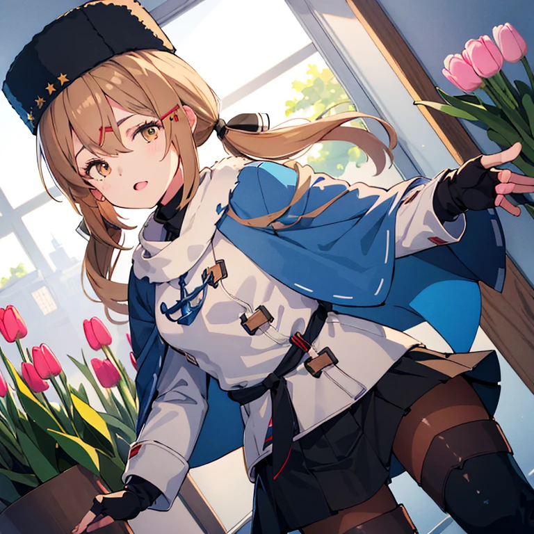 tashkent,low twintails,hairclip,hair bow,fur hat,jacket,shirt,black bow,blue shawl,skirt,pantyhose,thigh boots,fingerless gloves,belt,anchor necklace,torn scarf,
(masterpiece:1.4),(best quality:1.4), (amazing), (great illustration:1.4), (ultra-detailed:1.4), (art CG, 8K),1 girl,solo,
(Tulip:1.2),
