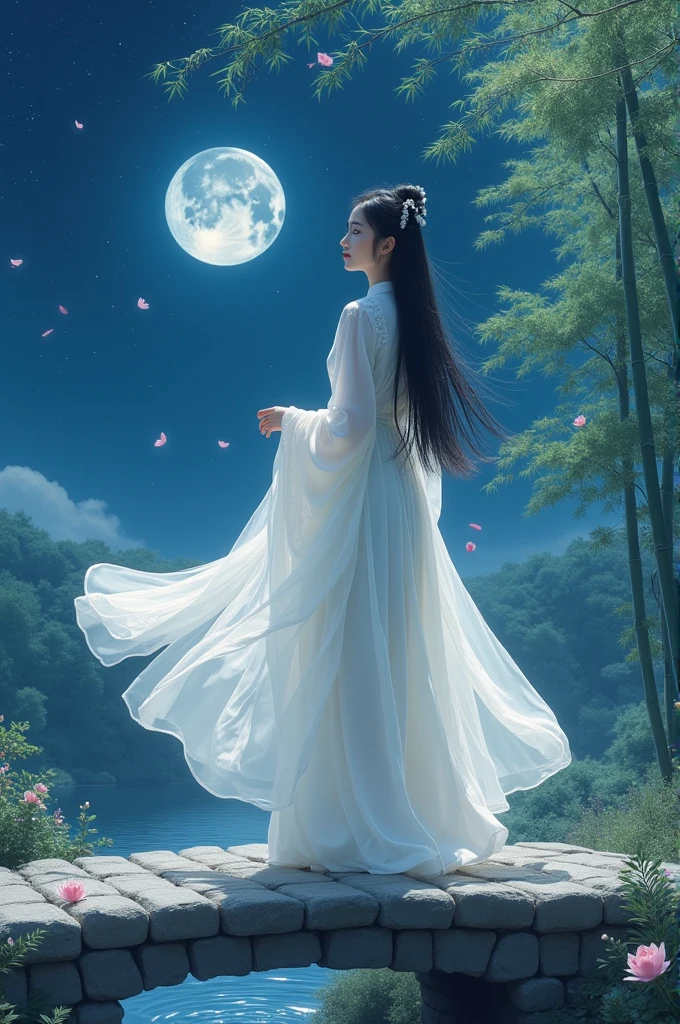 On the night of the Tanabata Festival，A classical beauty stands under the moon。She was wearing a simple white dress，The skirt flutters in the wind，Like a fairy descending to earth。The skirt is embellished with delicate plum blossom embroidery，Revealing her elegance and gentleness。Her long black hair fell like a waterfall，Use a lily hairpin to gently pull up，A few strands of hair fluttering in the wind，Adds a touch of charm。

Her face is as beautiful as a flower，Skin as white as snow，Eyes as clear as water，Revealing endless tenderness and wisdom。She smiled slightly，The corners of my mouth are like buds about to bloom，Like a lotus under the moon。There is a trace of sadness between her eyebrows，As if missing a lover far away。

She stands on an old stone bridge，Water gurgles under the bridge，Reflecting her shadow。The bridge is lined with gorgeous flowers.，Floral fragrance overflowing，It seems to tell the beautiful legend of the Qixi Festival。In the sky，Twinkling stars，Milky Way Belt，Tell the story of the Cowherd and the Weaver Girl。

In hand，She gently holds a guqin，Gently flick your fingertips，The piano sounds melodious and graceful，Like crying，Telling her longing and expectation for love。Behind her，A bamboo forest can be vaguely seen，Bamboo leaves rustling in the wind，As if accompanying her piano。

This classical beauty，It's like a fairy in a picture，Fresh and refined，It's fascinating at first sight。Her beauty is not only in appearance，It&#39;s more about the deep affection and poetry，Just like the night of Qixi Festival，romantic and fantastic。