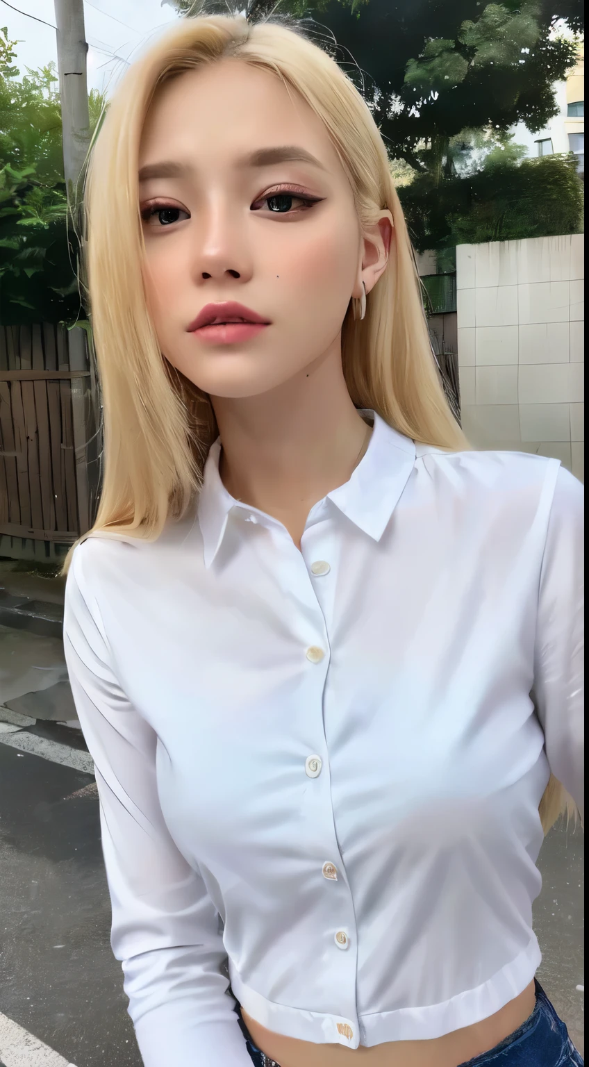 ((top quality, 8k, masterpiece: 1.3)), sharp focus: 1.2, perfect body: 1.4, slim abs: 1.2, ((long hair, big: 1.2)), (white long shirt with white buttons: 1.1), (rain, distance: 1.2), wet body: 1.5, Highly detailed face and skin texture, detailed eyes, blonde