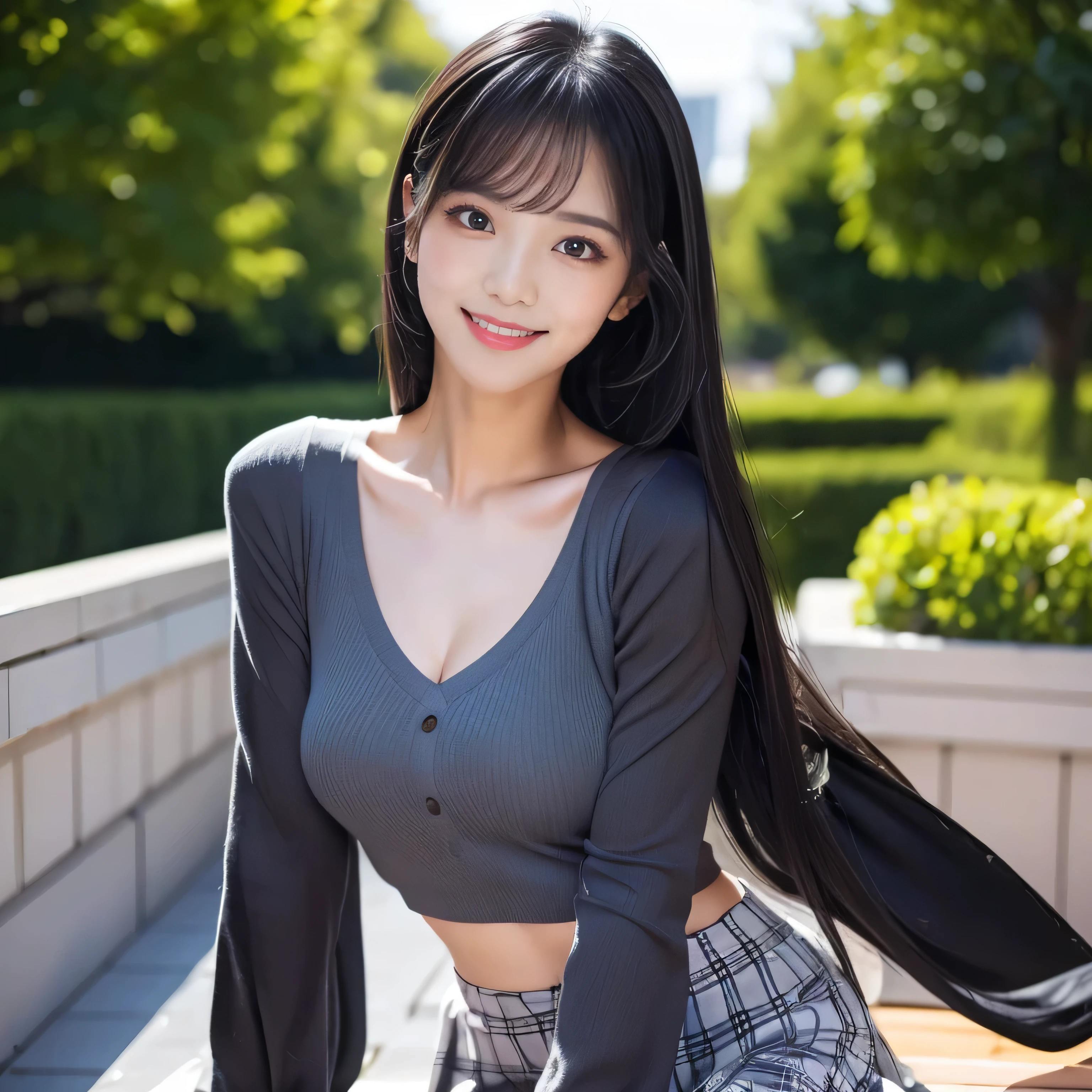 Create an ultra-realistic image of a stylish woman named Kotone wearing a black puff-sleeve top and a gray plaid skirt. She has extremely long, perfectly straight black hair that flows down to her waist, with blunt bangs that cover her forehead. Her eyes are large, enchanting, and have double eyelids with sparkling black pupils, giving them a captivating and youthful appearance. Her face is delicate and innocent, with very thin eyebrows that frame her large, childlike eyes. She has a small mouth with sexy lips, and her skin is smooth and flawless, resembling snow in its pure white color. She has a slender and well-proportioned body with a shapely bust size of 95 cm, a height of 158 cm, a weight of 43 kg, an ideal waist size of 58.46 cm, and an ideal hip size of 86.73 cm. Her complexion is flawless, without any wrinkles, and her natural makeup enhances her features subtly, maintaining a fresh and youthful look. She embodies a perfect balance of youthful charm and mature elegance, with a cute and innocent smile that adds warmth and affection to her appearance.
Kotone is wearing a black top with puffed sleeves that add volume and a modern touch, paired with a high-waisted, flared gray plaid skirt that creates a playful and youthful silhouette. She is also wearing thigh-high black stockings that complement the skirt and elongate her legs, and black platform shoes that add height and a fashionable edge. The background is a rooftop with a clear blue sky, giving the outfit a fresh and urban look. Her pose is confident and relaxed, with one hand on her hip and the other resting lightly on her head. The lighting should be bright and natural, emphasizing the smoothness of her skin and the stylish details of her outfit, creating a sense of depth and realism.