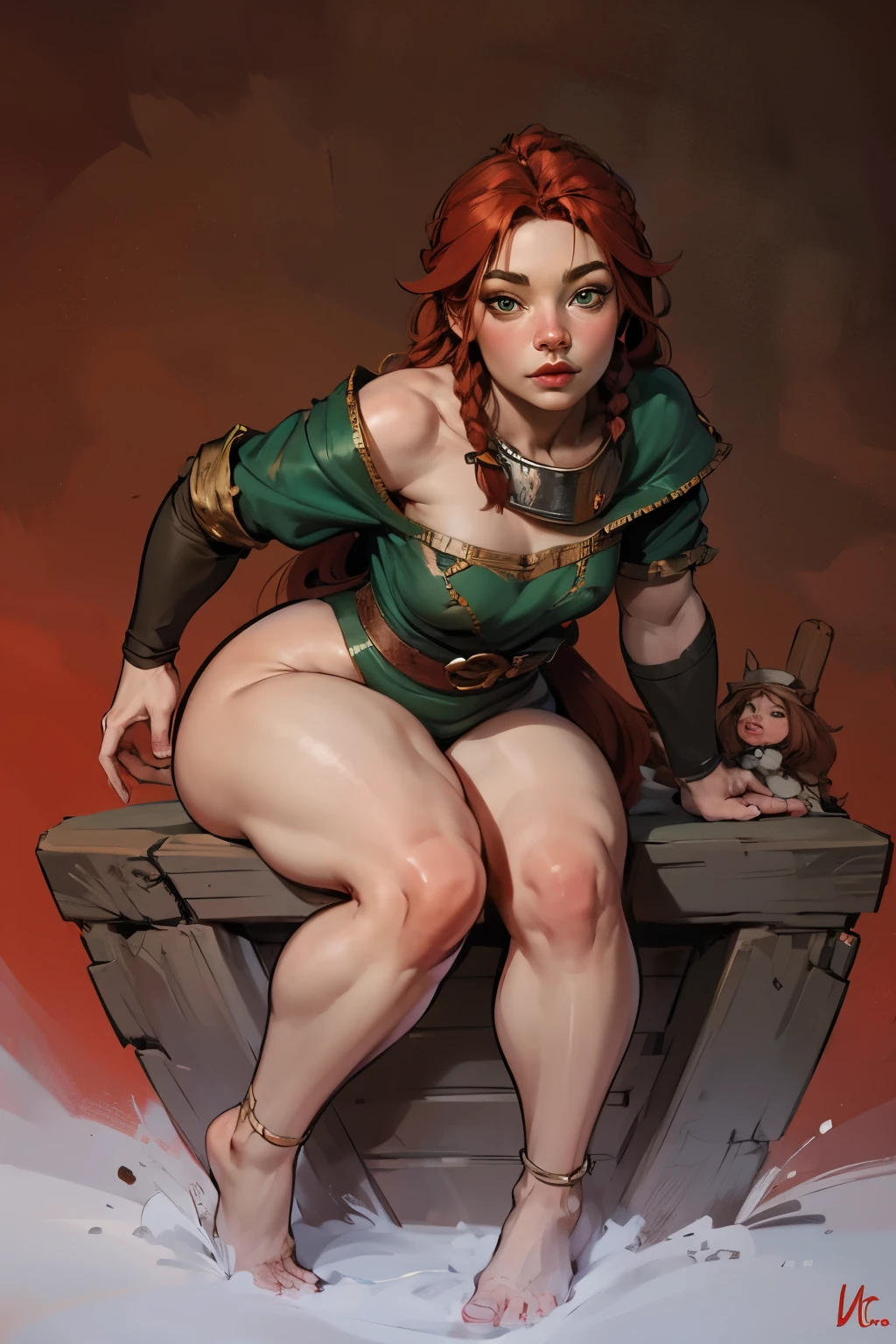 beautiful ginger ((dwarven woman)) in her 30s, with green eyes and striking features, exuding maturity and allure in a seductive pose.(dark-red background),(dwarf) female ,((curvy)), ((thick)),chubby , ((short hight)) , ( small),chibi, beauty, ginger braided hair, thicc