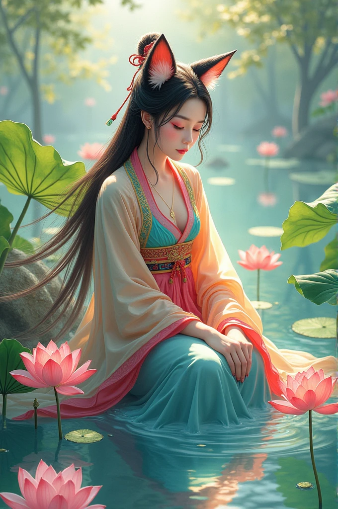 absurd, high resolution, Extremely detailed, (1 Girl:1.3), Hand Painted, Simple lines, 16-year-old girl wearing colorful Chinese Hanfu, Sexy fox ears girl, By the lotus pond, masterpiece, sitting in water, Floating clothes, Flowing hair