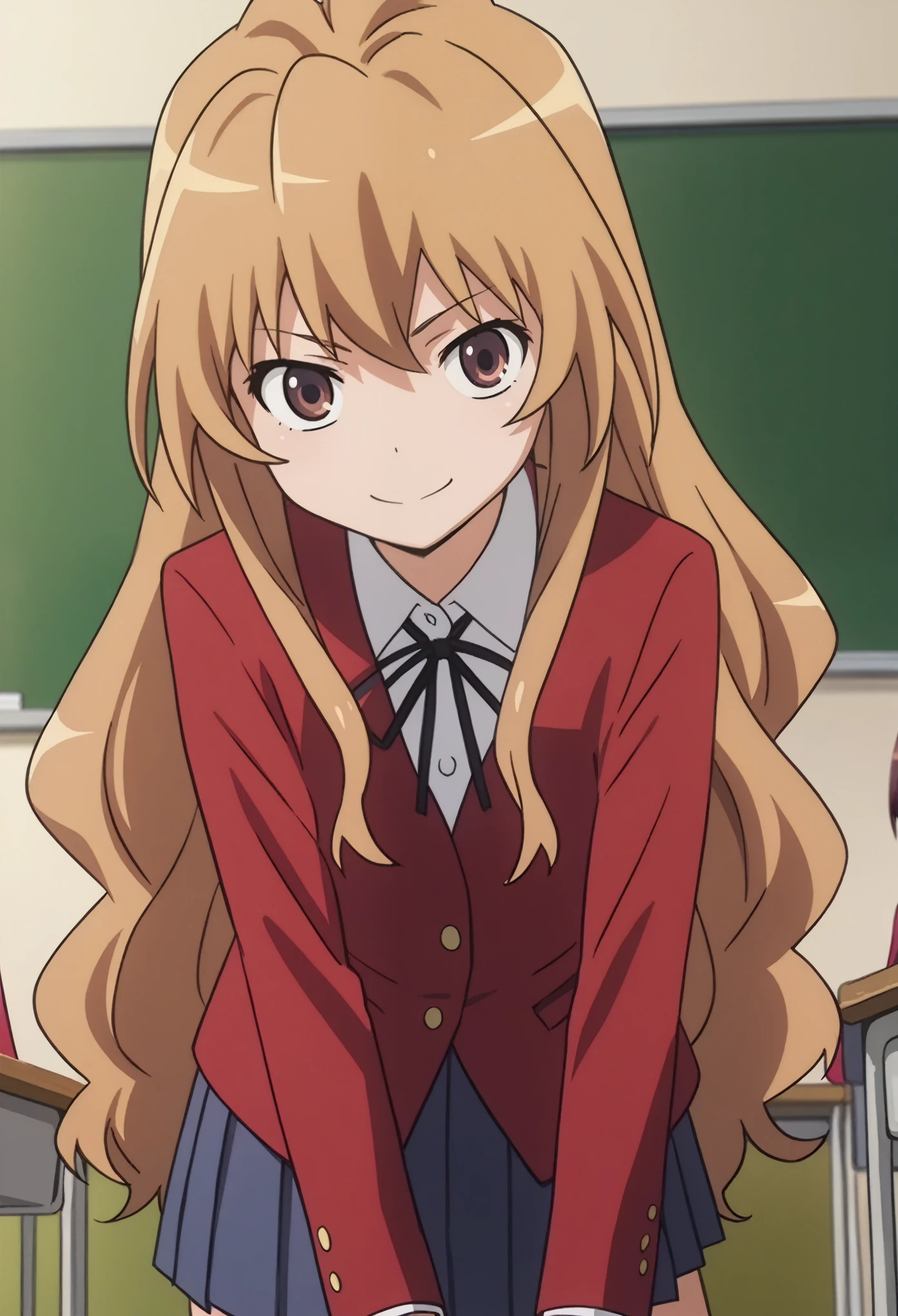 score_9, score_8_up, score_7_up, source_anime,
taigaaisaka, taiga aisaka, long hair, brown hair, brown eyes,
school uniform, oohashi high school uniform, jacket, red jacket, long sleeves, shirt, white shirt, collared shirt, ribbon, skirt, pleated skirt,
indoors, classroom, bent over, smile,
looking at viewer, solo, cowboy shot, dutch angle,