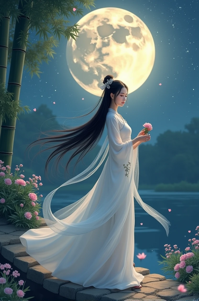 On the night of the Tanabata Festival，A classical beauty stands under the moon。She was wearing a simple white dress，The skirt flutters in the wind，Like a fairy descending to earth。The skirt is embellished with delicate plum blossom embroidery，Revealing her elegance and gentleness。Her long black hair fell like a waterfall，Use a lily hairpin to gently pull up，A few strands of hair fluttering in the wind，Adds a touch of charm。

Her face is as beautiful as a flower，Skin as white as snow，Eyes as clear as water，Revealing endless tenderness and wisdom。She smiled slightly，The corners of my mouth are like buds about to bloom，Like a lotus under the moon。There is a trace of sadness between her eyebrows，As if missing a lover far away。

She stands on an old stone bridge，Water gurgles under the bridge，Reflecting her shadow。The bridge is lined with gorgeous flowers.，Floral fragrance overflowing，It seems to tell the beautiful legend of the Qixi Festival。In the sky，Twinkling stars，Milky Way Belt，Tell the story of the Cowherd and the Weaver Girl。

In hand，She gently holds a guqin，Gently flick your fingertips，The piano sounds melodious and graceful，Like crying，Telling her longing and expectation for love。Behind her，A bamboo forest can be vaguely seen，Bamboo leaves rustling in the wind，As if accompanying her piano。

This classical beauty，It's like a fairy in a picture，Fresh and refined，It's fascinating at first sight。Her beauty is not only in appearance，It&#39;s more about the deep affection and poetry，Just like the night of Qixi Festival，romantic and fantastic。