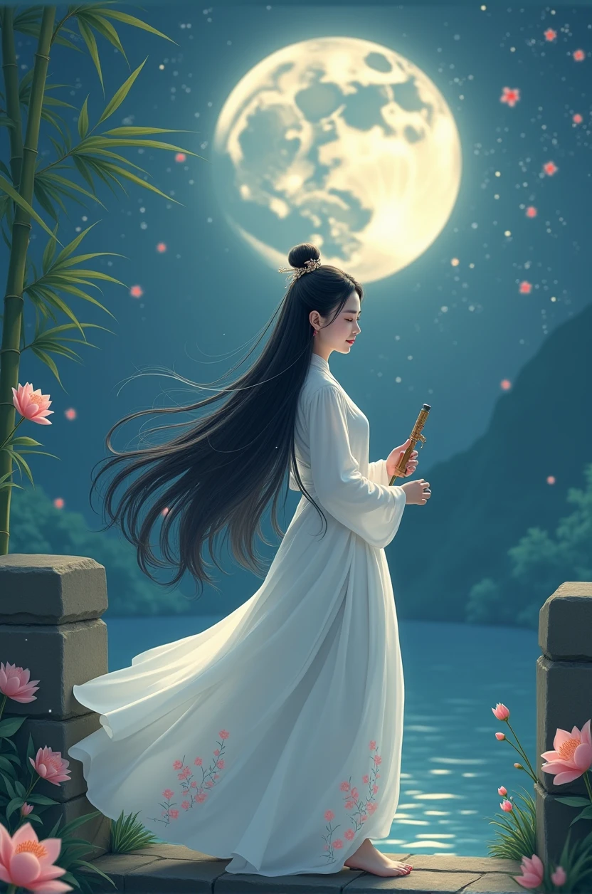 On the night of the Tanabata Festival,A classical beauty stands under the moon。She was wearing a simple white dress,The skirt flutters in the wind,Like a fairy descending to earth。The skirt is embellished with delicate plum blossom embroidery,Revealing her elegance and gentleness。Her long black hair fell like a waterfall,Use a lily hairpin to gently pull up,A few strands of hair fluttering in the wind,Adds a touch of charm。
Her face is as beautiful as a flower,Skin as white as snow,Eyes as clear as water,Revealing endless tenderness and wisdom。She smiled slightly,The corners of my mouth are like buds about to bloom,Like a lotus under the moon。There is a trace of sadness between her eyebrows,As if missing a lover far away。
She stands on an old stone bridge,Water gurgles under the bridge,Reflecting her shadow。The bridge is lined with gorgeous flowers.,Floral fragrance overflowing,It seems to tell the beautiful legend of the Qixi Festival。In the sky,Twinkling stars,Milky Way Belt,Tell the story of the Cowherd and the Weaver Girl。
In hand,She gently holds a guqin,Gently flick your fingertips,The piano sounds melodious and graceful,Like crying,Telling her longing and expectation for love。Behind her,A bamboo forest can be vaguely seen,Bamboo leaves rustling in the wind,As if accompanying her piano。
This classical beauty,It's like a fairy in a picture,Fresh and refined,It's fascinating at first sight。Her beauty is not only in appearance,It's more about the deep affection and poetry,Just like the night of Qixi Festival,romantic and fantastic。