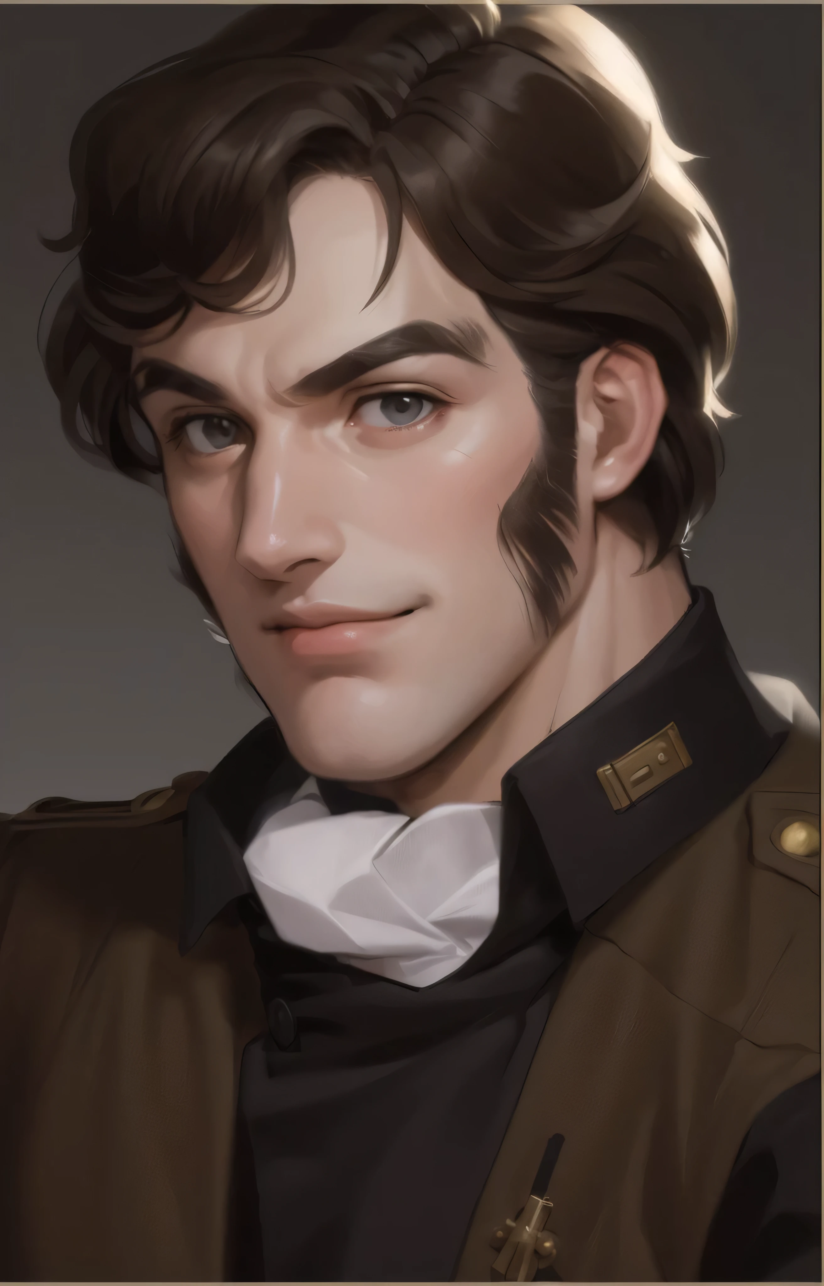 Illustration of a man, military uniform, an illustration inspired by Kanō Hōgai, Tumblr, romanticism, portrait, dark-brown hair, the sandman from graphic novel, deep focus, wearing a high-collared uniform, dark blue uniform, fastened with buttons down the front, with a high collar and structured fit. The uniform features a structured fit, emphasizing his commanding presence. The jacket features shoulder insignias and two breast pockets with button flaps. Underneath the jacket, he wears a white-colored scarf that adds elegance, golden buttons, Has brown eyes, and his expression exudes confidence and authority. manly features, man, manly, strong gaze, mouth closed, mouth shut