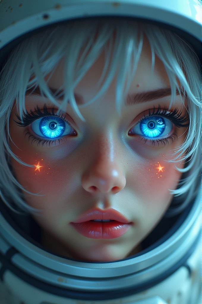 (Close-up of a better masterpiece:1.5)0.9], (Space and astronauts:1.2) (Messy silver hair:1.1) (Heterochromia xanthochromia and blue eyes:1.2) (Space Helmet:1.0) (Colored stars in the eyes:1.0) (A radiant glow:1.1) (thick lips:0.9)