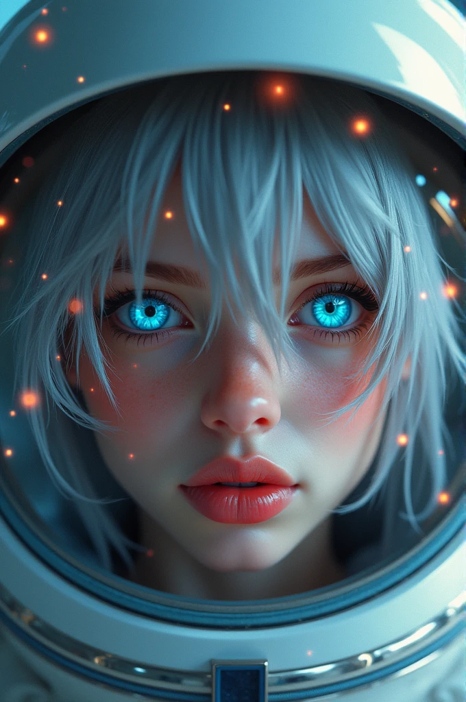 (Close-up of a better masterpiece:1.5)0.9], (Space and astronauts:1.2) (Messy silver hair:1.1) (Heterochromia xanthochromia and blue eyes:1.2) (Space Helmet:1.0) (Colored stars in the eyes:1.0) (A radiant glow:1.1) (thick lips:0.9)
