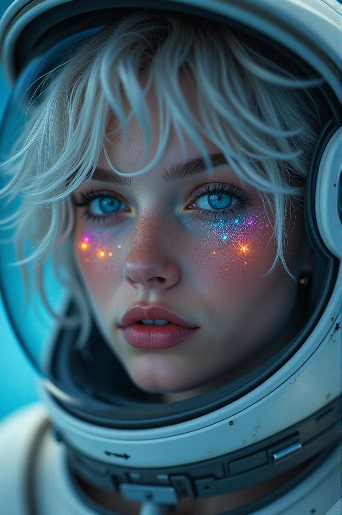 (Close-up of a better masterpiece:1.5)0.9], (Space and astronauts:1.2) (Messy silver hair:1.1) (Heterochromia xanthochromia and blue eyes:1.2) (Space Helmet:1.0) (Colored stars in the eyes:1.0) (A radiant glow:1.1) (thick lips:0.9)