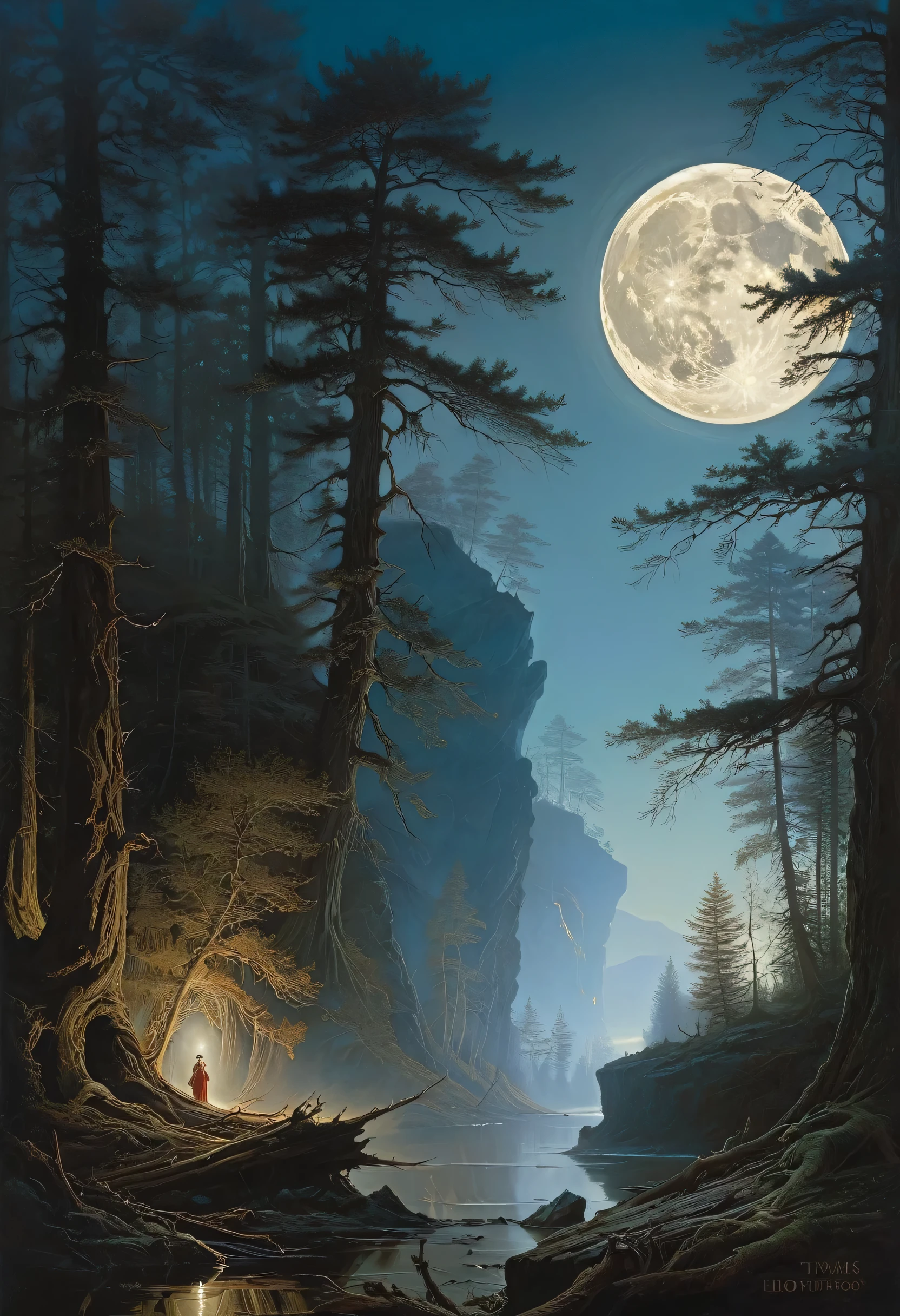 art：Aaron Horkey, , , Very detailed, 32K, Sharp focus, Luminism, Exquisite oil painting, moon, Detailed Sky, (Very detailed大きな狼:1.6), Anat Finstark . Detailed landscape, The aesthetics of the story of the North, Dynamic Movement, Large reflective eyes, forest,Shine, Swirling leaves, Emerald Mist, Mysterious, Complex Background, Dynamic Lighting, Light, Complex pose, Very finely crafted, Complex, Baroque, Hudson River School, Thomas Cole, masterpiece, Cinematic Hollywood Film style