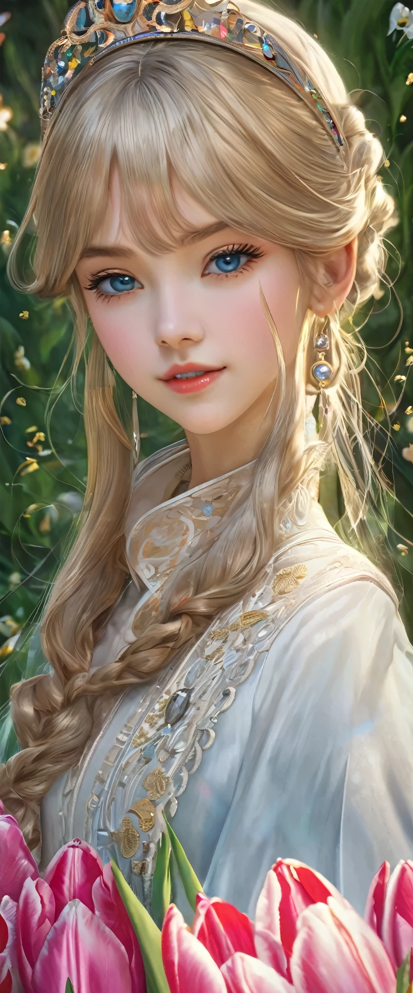 8k resolution, masterpiece, Highest quality, Award-winning works, unrealistic, sole Sexy lady, doaxvv_amy, healthy shaped body, 18-year-old, Height: 158cm, Her measurements are B/W55/H88, Blonde long hair, Twin ponytail, break, Mysterious big blue eyes, Standard nose, eyeliner, Pink Lips,  hair band, super huge bouncing busts, Sexy, Beautiful Skin, A pure white school dress with a complex structure, royal coat of arms, elegant, Very detailed, Digital Painting, artステーションコンセプトart, Smooth, Sharp focus, shape, artジャム、Greg Rutkowski、Alphonse Mucha、William Adolphe Bouguereau、art：Stephanie Law , Royal Jewel, nature, Full Shot, Symmetric, Greg Rutkowski, Charlie Bowwater, beep, Unreal 5, Surreal, Dynamic Lighting, ファンタジーart, Complex colors, Colorful magic circle, flash, dynamic Sexy poses, A kind smile, Mysterious Background, aura, A gentle gaze, break, Small faint lights and flying fireflies, night, lanthanum, (Tulip bouquet:1.3)