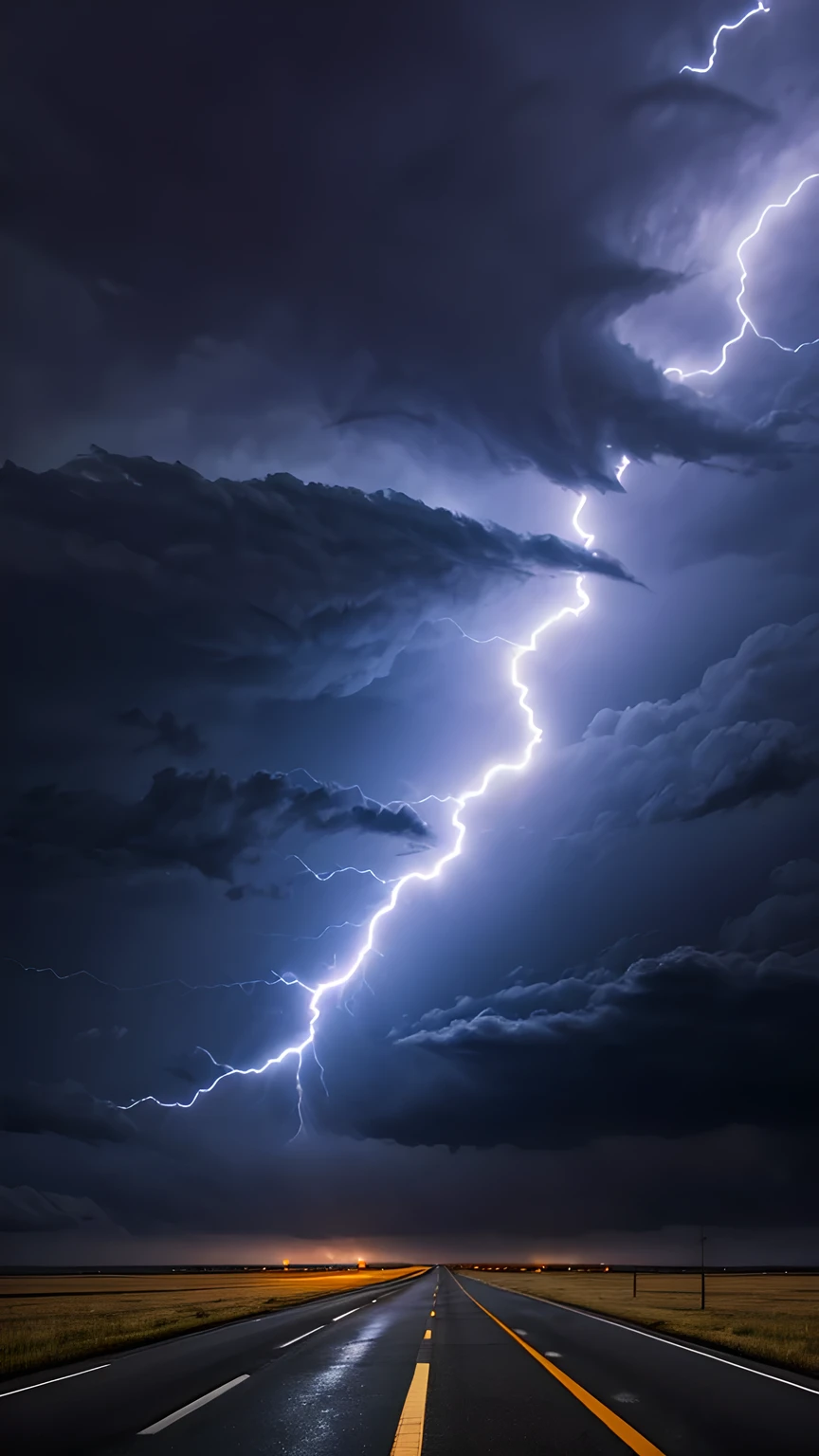 A plain，tornado，A road in the middle，heavily clouded，lightning，hurricane，Excellent viewing angle，Shock，Close Range。