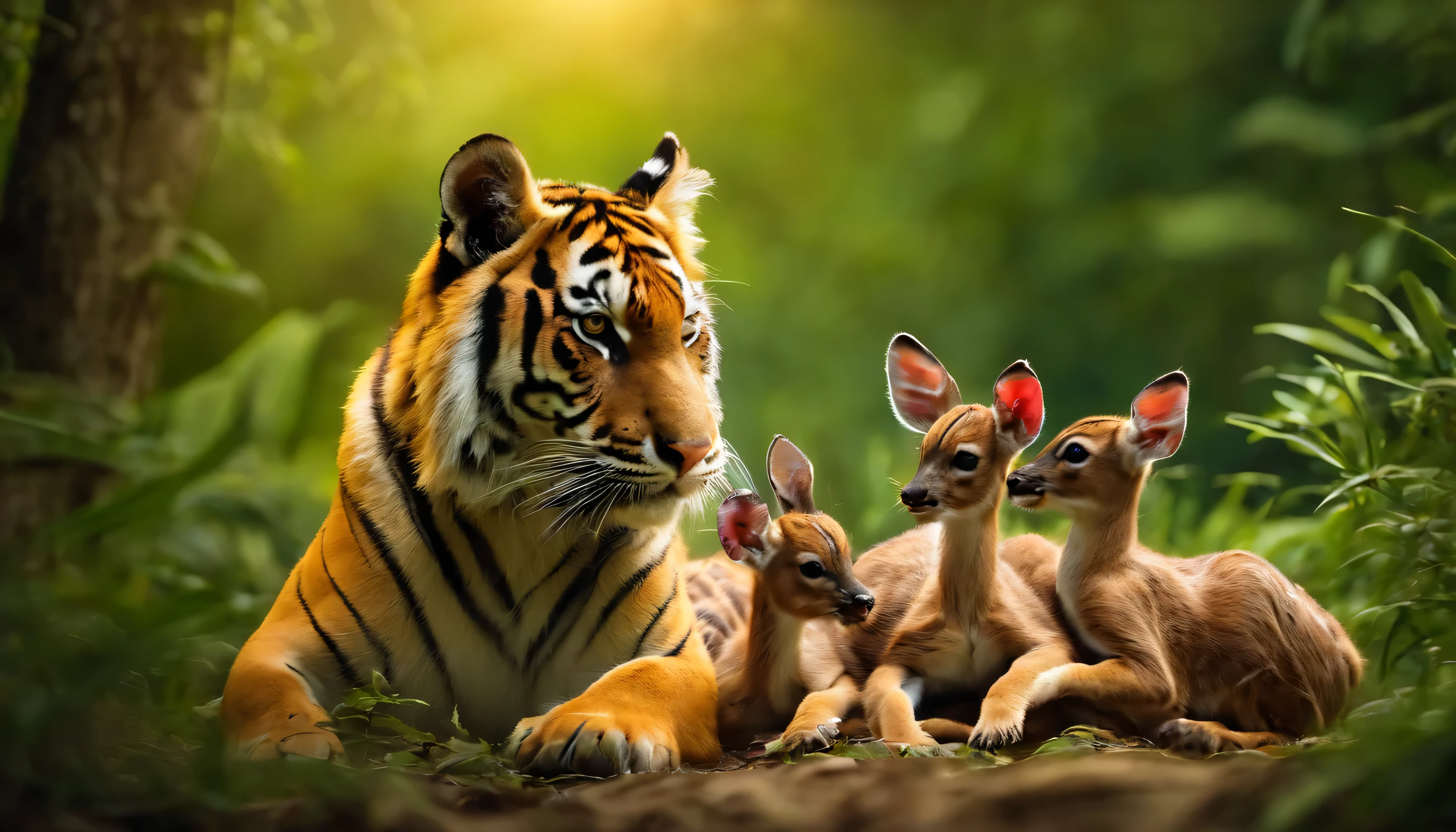 Amazing tiger playing with three cute baby deer in jungle
