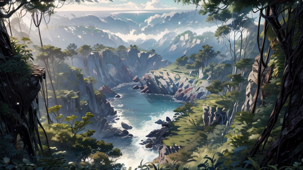 No people、Background only、Flat Line、anime、anime調、デジタルanimeアート、Flat Design,(masterpiece:1.2)、photograph、Back Blur、high quality、High resolution、Very detailed,summer、coastal、Rocky area in the foreground、sun