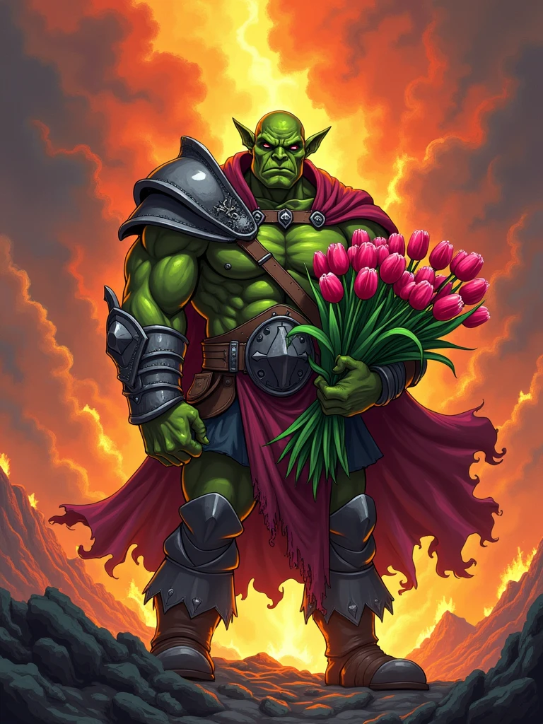 This is a scene from a fantasy world.，Depicts an orc warrior。He is muscular，green skin，Wearing heavy armor。((He holds a beautiful bouquet of tulips in his hands))，((Beautiful tulips))。He stood proudly in front of a turbulent volcanic backdrop，Surrounded by smoky plumes and hot lava particles。This picture should be designed in anime style，Includes vivid color contrasts and intricate details，This style was inspired by early Japanese animation。The name &quot;Soggo&quot; should be in an artistic anime-style font，Show it boldly