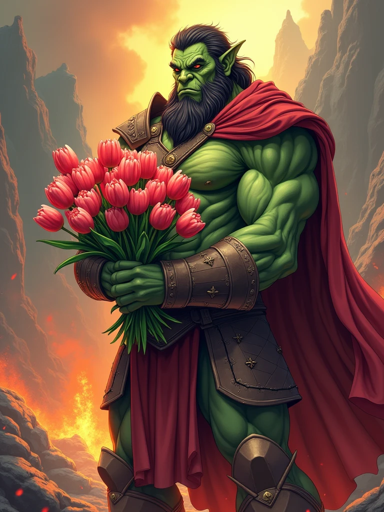 This is a scene from a fantasy world.,Depicts an orc warrior。He is muscular,green skin,Wearing heavy armor。((He holds a beautiful bouquet of tulips in his hands)),((Beautiful tulips))。He stood proudly in front of a turbulent volcanic backdrop,Surrounded by smoky plumes and hot lava particles。This picture should be designed in anime style,Includes vivid color contrasts and intricate details,This style was inspired by early Japanese animation。The name "Soggo" should be in an artistic anime-style font,Show it boldly