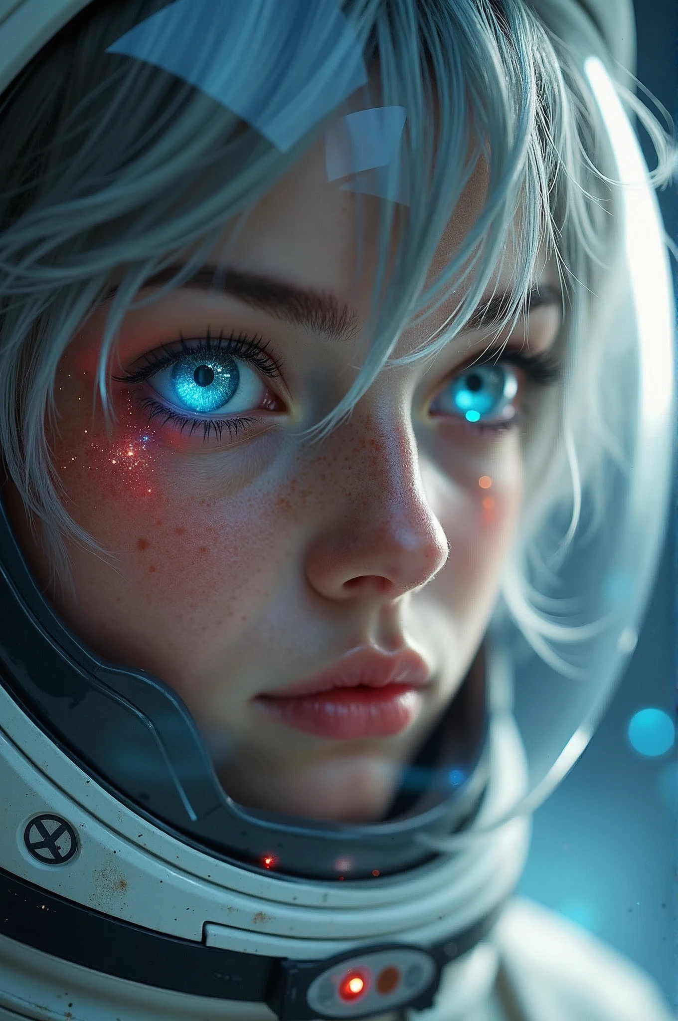 (Close-up of a better masterpiece:1.5)0.9], (Space and astronauts:1.2) (Messy silver hair:1.1) (Heterochromia xanthochromia and blue eyes:1.2) (Space Helmet:1.0) (Colored stars in the eyes:1.0) (A radiant glow:1.1) (thick lips:0.9)