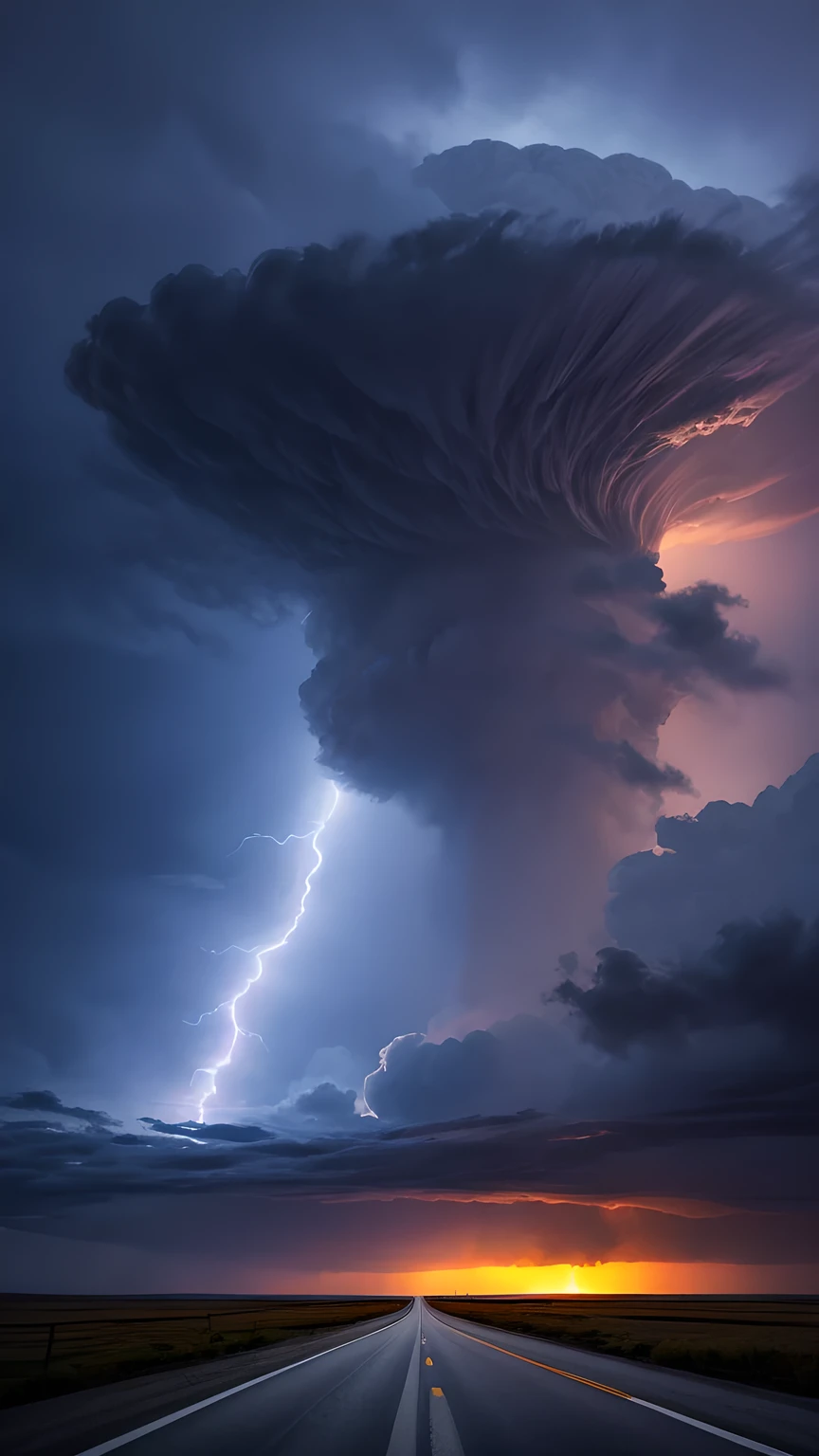 A plain,Huge tornado,A road in the middle,heavily clouded,lightning,hurricane,Excellent viewing angle,Shock,Close Range。