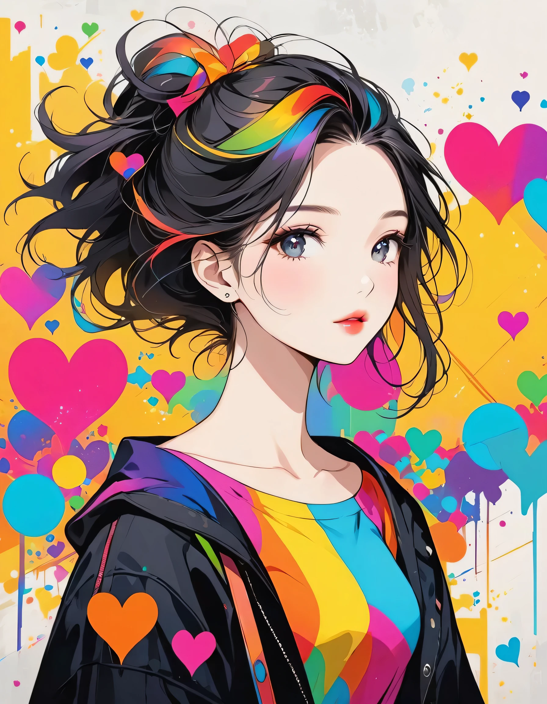Black Star colorful style, Simple Line Initialism,Abstract art,Urban Background, (((The most beautiful girl of all time))), Sweet face. Lips in love, colorful hearts, stylish design