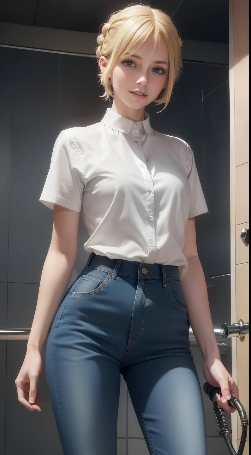 field, blonde with short hair, high ponytail, eblue eyes, smile, blue skinny shirt, denim pants, open shower room, assignment, fly with a rope, masterpiece, high quality, 4K, k hd, good detail