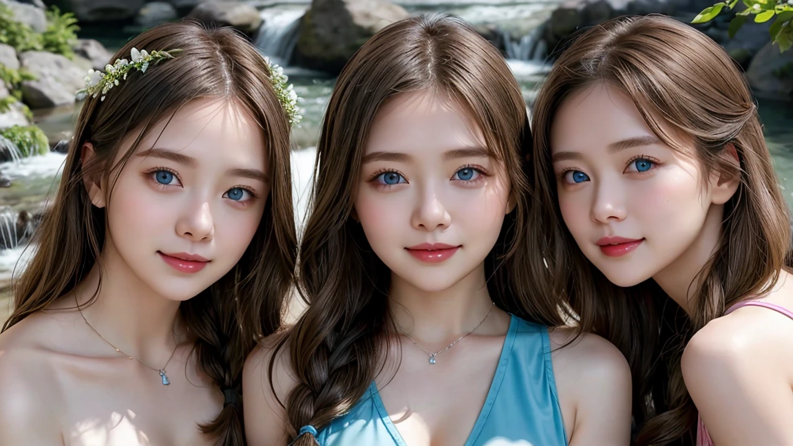 ( 3 girls),smile、Look into the camera、diamond necklace、braided hair, bright, Random color tank top、The material is smooth and flexible...、revealing upper arms、close range shooting、Flower Hair Ornaments、 Masterpiece, Highest quality, 8ก, beautiful girl, young face、 photography, Cute face, thigh, waterfall,、รอยsmile、small waist, blue eyes(((The chest is erect...)))(((round chest)))(((big breasts:1.1)))