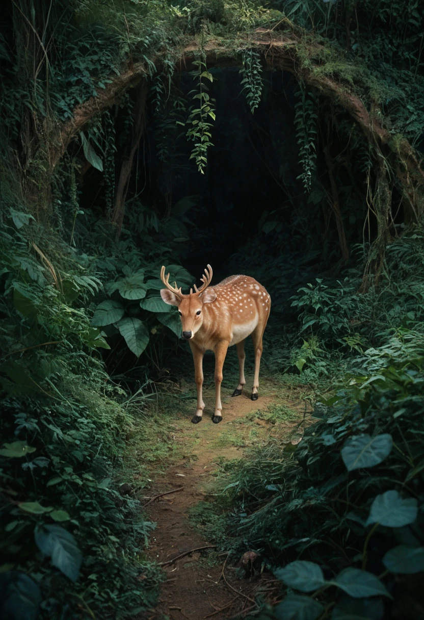 nature shot with wide shot of a dark jungle scene,face of a baby golden-deer hiding between the bushes,hunting,nightfall,dimmly lit,intense gaze,tension,perfect composition,masterpiece,best quality,Outdoors,greenery,natural light,fresh,vivid contrast,vivid color,Hyperrealistic art cinematic film still photography in the style of detailed hyperrealism photoshoot,