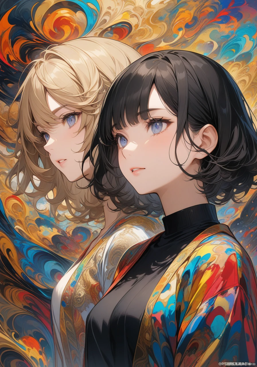 (masterpiece, Highest quality, Highest quality, Official Art, beautifully、aesthetic:1.2),(Two Girls,Upper Body:1.3),Very detailed,(Abstract art:1.2),colorful,Most detailed,Black and Gold,