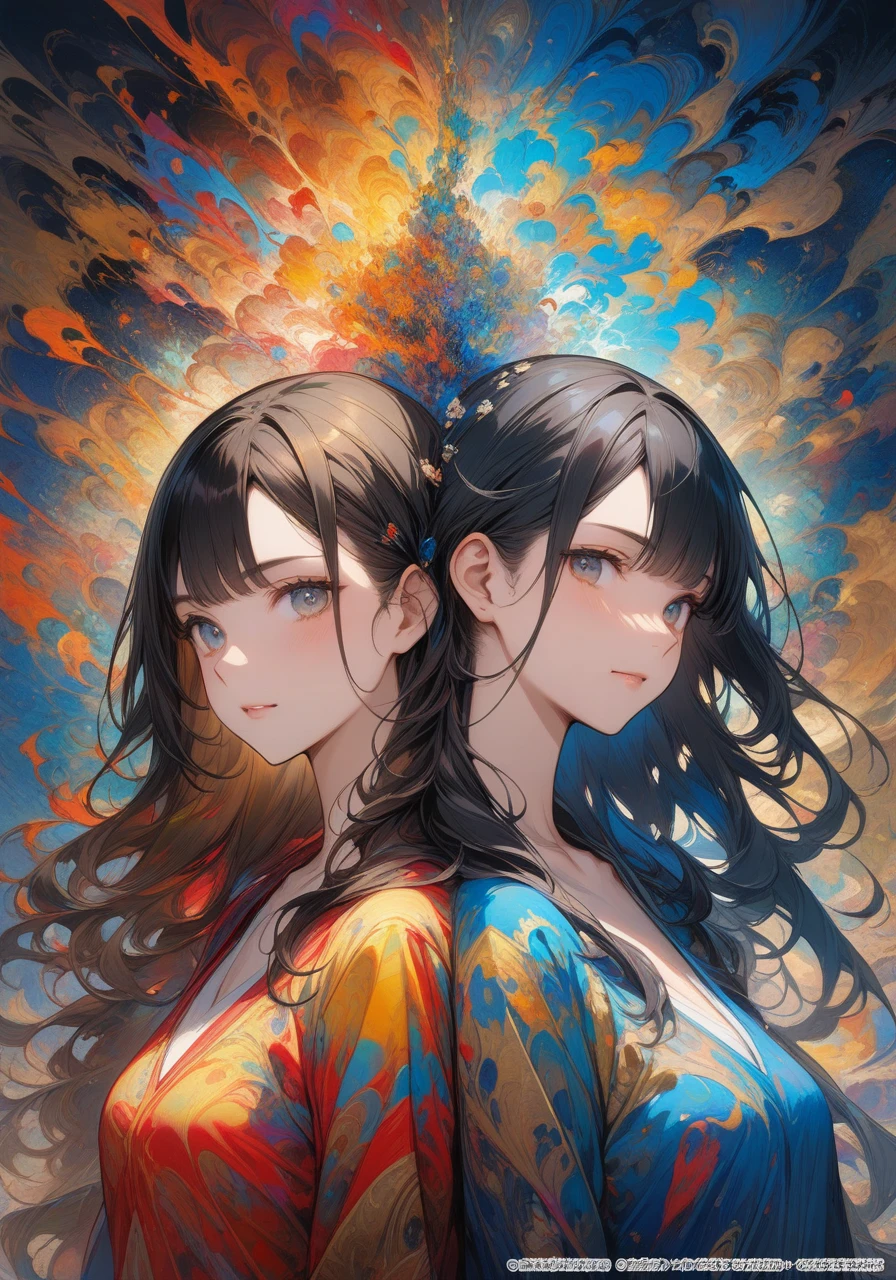 (masterpiece, Highest quality, Highest quality, Official Art, beautifully、aesthetic:1.2),(Two Girls,Upper Body:1.3),Very detailed,(Abstract art:1.2),colorful,Most detailed,Black and Gold,