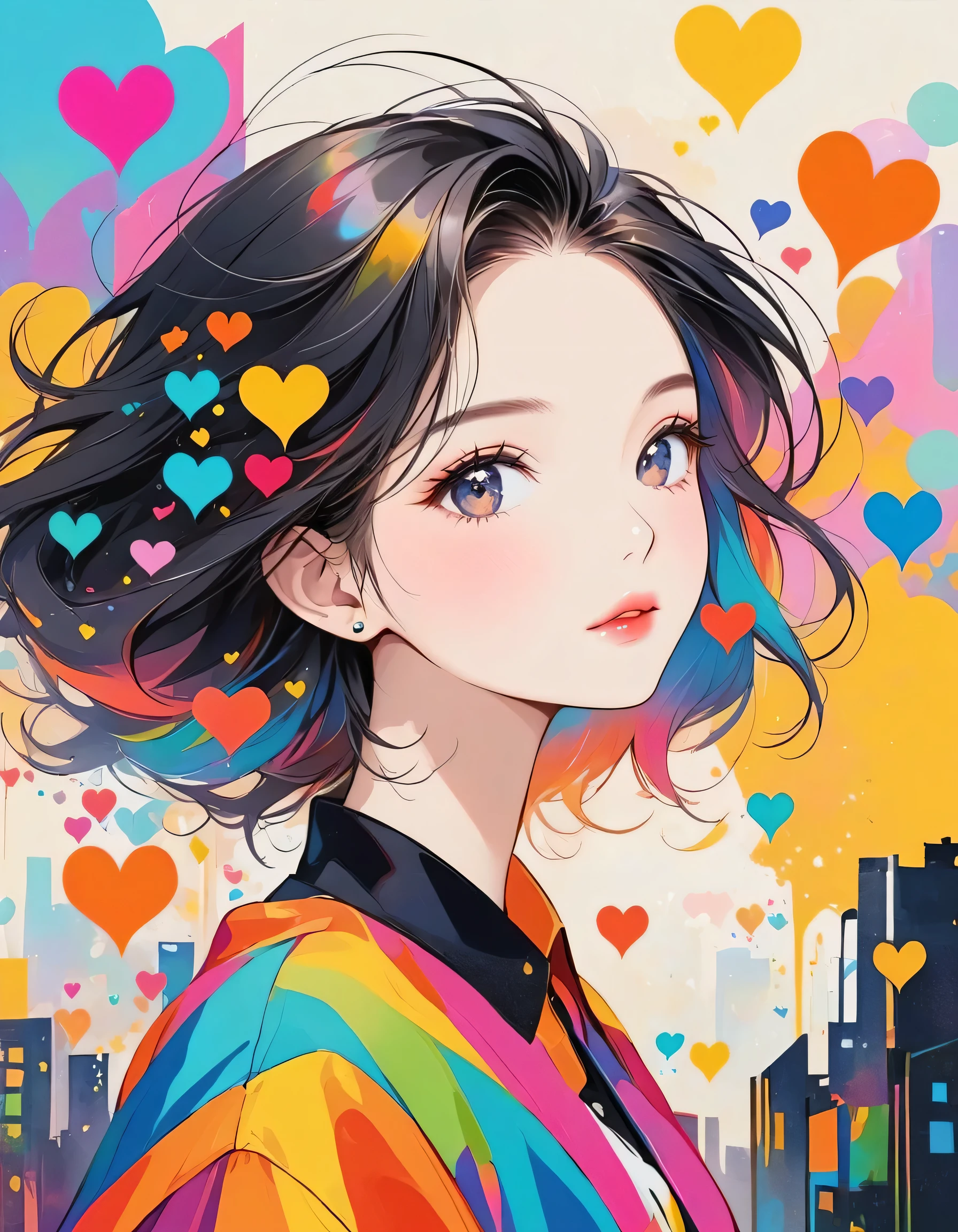 Black Star colorful style, Simple Line Initialism,Abstract art,Urban Background, (((The most beautiful girl of all time))), Sweet face. Lips in love, colorful hearts, stylish design