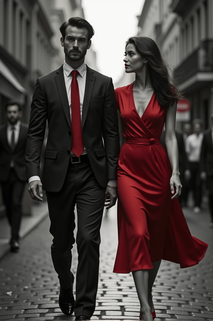 neo noir style scene with a man red tie and a woman red dress in walking down the street black and white background reds only ultra realistic 4k