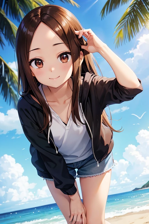 Takagi-san、Shiny brown hair, Straight Long Hair,((Medium chest、Forehead、Center part))、 Beautiful brown eyes、smile、Sparkling eyes, (fine grain)、Very fine eye、Highly detailed face, Highly detailed eyes, Cowboy Shot、


Angelic, Super detailed, 8k, masterpiece, One beautiful woman,  hoodie, Open jacket、camisole、mature, Beautiful legs, Ocean, At the Beach, Shimizu, noon, nature, bright