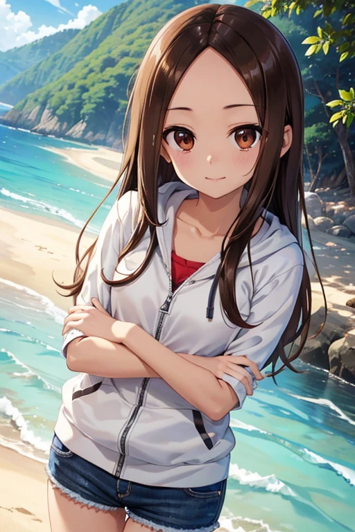 Takagi-san、Shiny brown hair, Straight Long Hair,((Medium chest、Forehead、Center part))、 Beautiful brown eyes、smile、Sparkling eyes, (fine grain)、Very fine eye、Highly detailed face, Highly detailed eyes, Cowboy Shot、


Angelic, Super detailed, 8k, masterpiece, One beautiful woman,  hoodie, Open jacket、camisole、mature, Beautiful legs, Ocean, At the Beach, Shimizu, noon, nature, bright