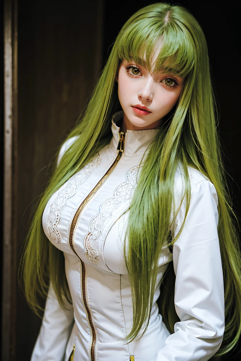 c.c., expressionless, (masterpiece, best quality, ultra-detailed, Realistic, best shadow), (beautiful detailed face, beautiful detailed eyes), (lightgreen hair), orange eyes, very long beautiful hair, zipper, white straitjacket, (cowboy shot:1.3), intense angle, mksks style, beautiful background, professional lighting, landscape with warm Colors