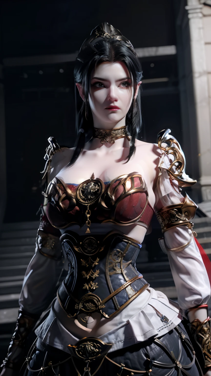 1girl, portrait of beautiful lobapex, athletic, white jacket, corset, skirt, pants, black hair, red hair, braids, makeup, choker, cleavage, wide hips, volumetric lighting, best quality, masterpiece, intricate details, tonemapping, sharp focus, hyper detailed, trending on Artstation, realistic  