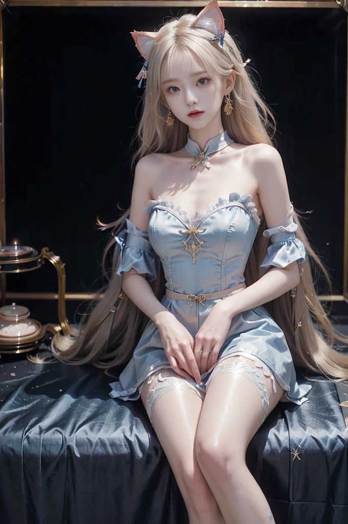 ahCat
blue theme, cat ears, blue dress, sleeveless dress, pink ribbon, large ribbon, striped thighhighs, detached sleeves, collar, jingle bell ((1girl, Elegant posture)), Natural leg proportions, Sexy beautiful legs, correct, 解剖学correct, Visible cleavage, masterpiece, (best quality, high resolution, masterpiece:1.2), Extremely detailed, (Practical, photoPractical, photo-Practical:1.37), Official Art, CG, 解剖学上correct, Cool action,Long blond hair,Smile,Elegant posture, Seductive pose, Seductive expression, Sexual desire expression,Colorful color scheme,Trendy clothing,Columnar plaque background,Geometric pattern stitching background, Movie, photography, Intricate background, Soft lighting, Subtle shadows, Vibrant colors, Expressive eyes, Beautiful, high class boutique, Ambience, A moment of honesty, Natural expression, Detailed texture, Fine details, Refined and elegant, Exquisite style, Artistic Composition, Beautifully presented.