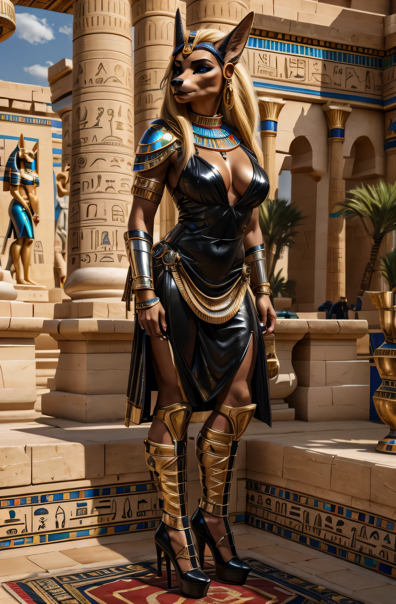 Beautiful sexy black anthro female jackal, black dog collar, big piercing eyes, huge earrings, giant earrings, her long blonde hair falls on her shoulders, black leather high heel boots, high heels, white leather armor, 20 year old girl, against the backdrop of the Palace of the Egyptian Pharaoh, Realism, UHD, retina, masterpiece, accurate, textured skin, super detail, high details, high quality, award winning, best quality, highres, HD