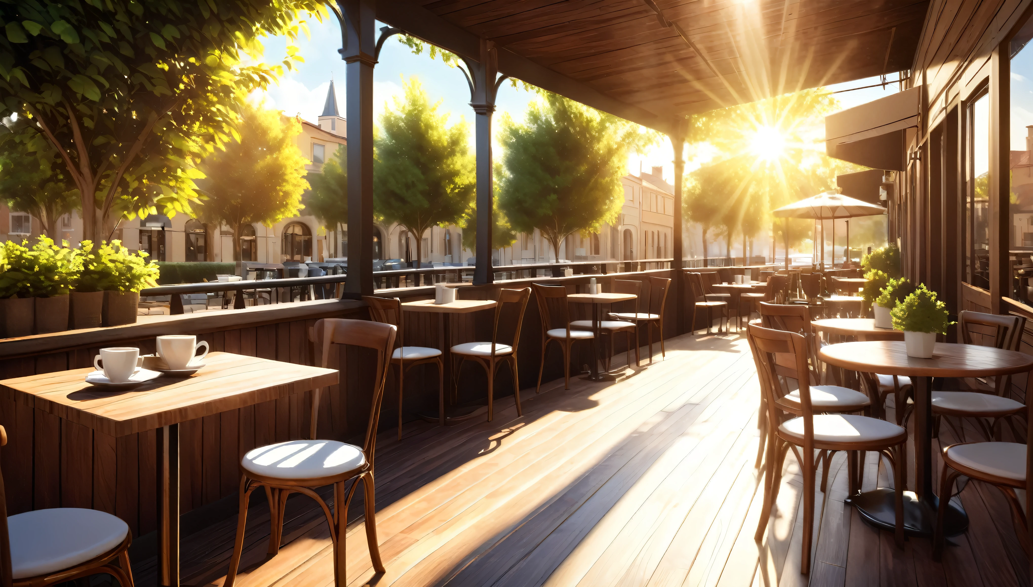 Cafe Terrace,Coffee cup,wood々Sunlight shining through,Daytime,Highest quality, 8k, High resolution, masterpiece:1.2, Very detailed, Realistic:1.37, High resolution, 超High resolution, Very detailed, Professional, Vibrant colors