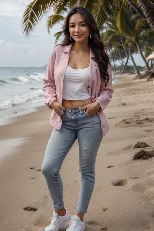 A 30-year-old Indonesia woman poses on the beach in a thigh-high pink linen jacket, wearing jeans, wearing shoes. Her face is very beautiful, her skin is flawless, and she has beautiful smooth facial features. His long, wavy hair is brown, his eyes are gray, and he has an overbite. This woman is wearing white gold earrings and smiling , standing tall facing the viewer ((full body))