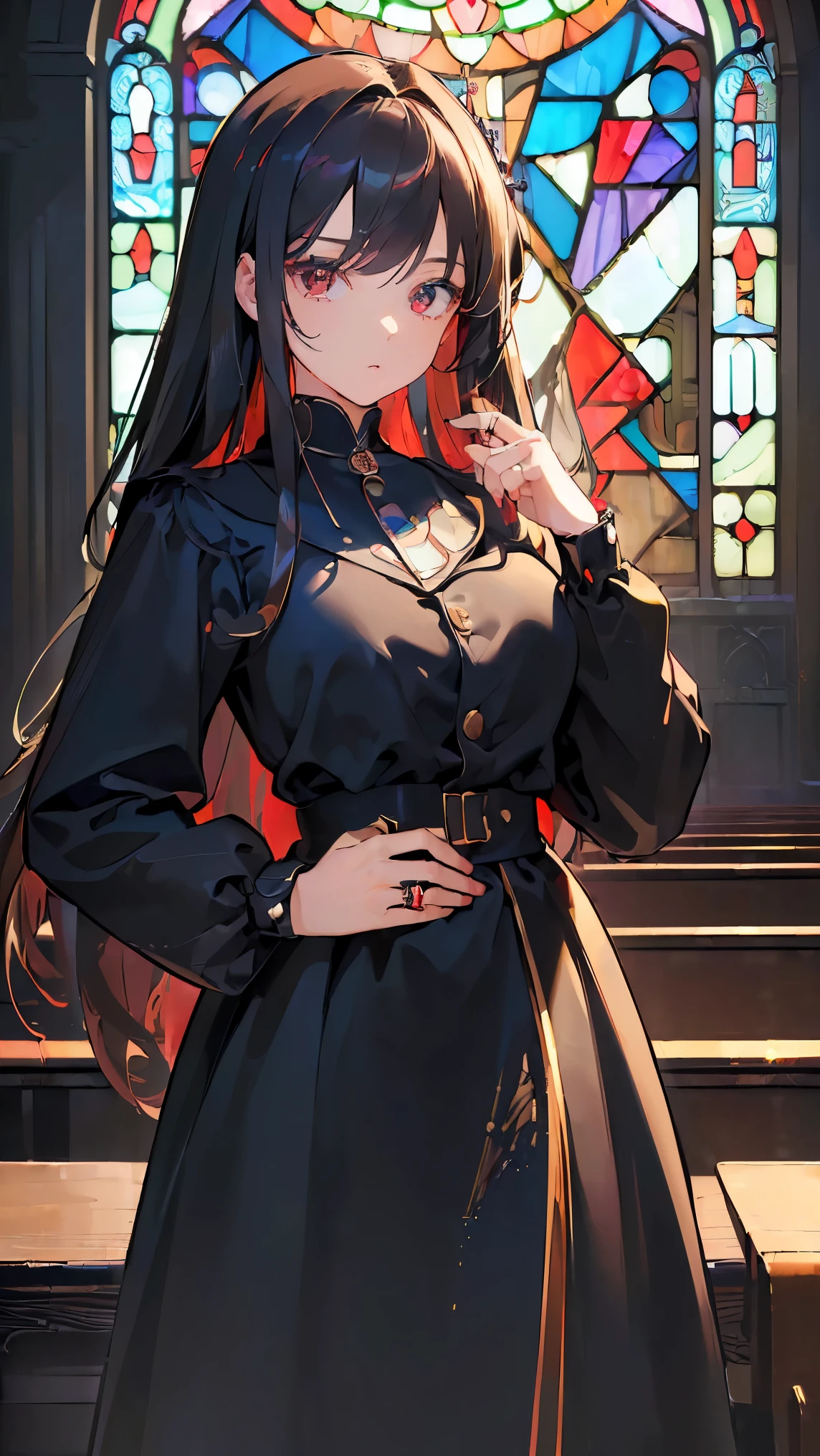 (((Best quality, 8k, Masterpiece: 1.3)), ((best quality)), ((masterpiece)), (detailed), perfect face, high resolution, Textured skin, anime style, Vintage jacket suit, Woman with dark hair, long hair reaching down to her waist, She is wearing a red ruby ​​ring on her right ring finger, Turn away, Background (stained glass, church)