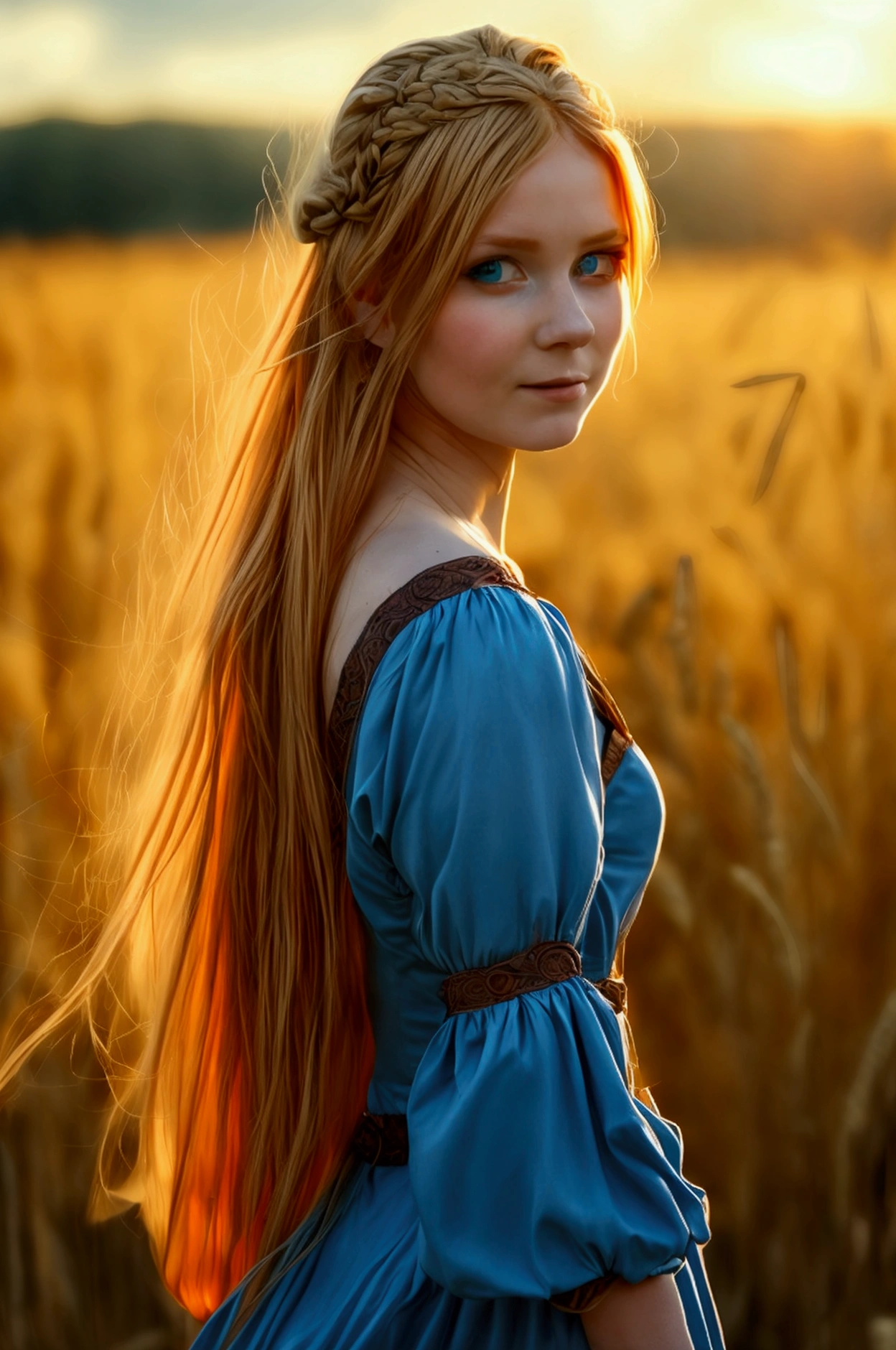 1 girl, Alone, long orange hair, run, (tall wheat field), turn around, emerald eyes, long blue dress, middle Ages, medieval costume, sunset long sleeve, light from behind, shadow in the figure, smile, risa, (blue sky), in the context of wheat, standing in the distance, looking at the viewer, longitud total